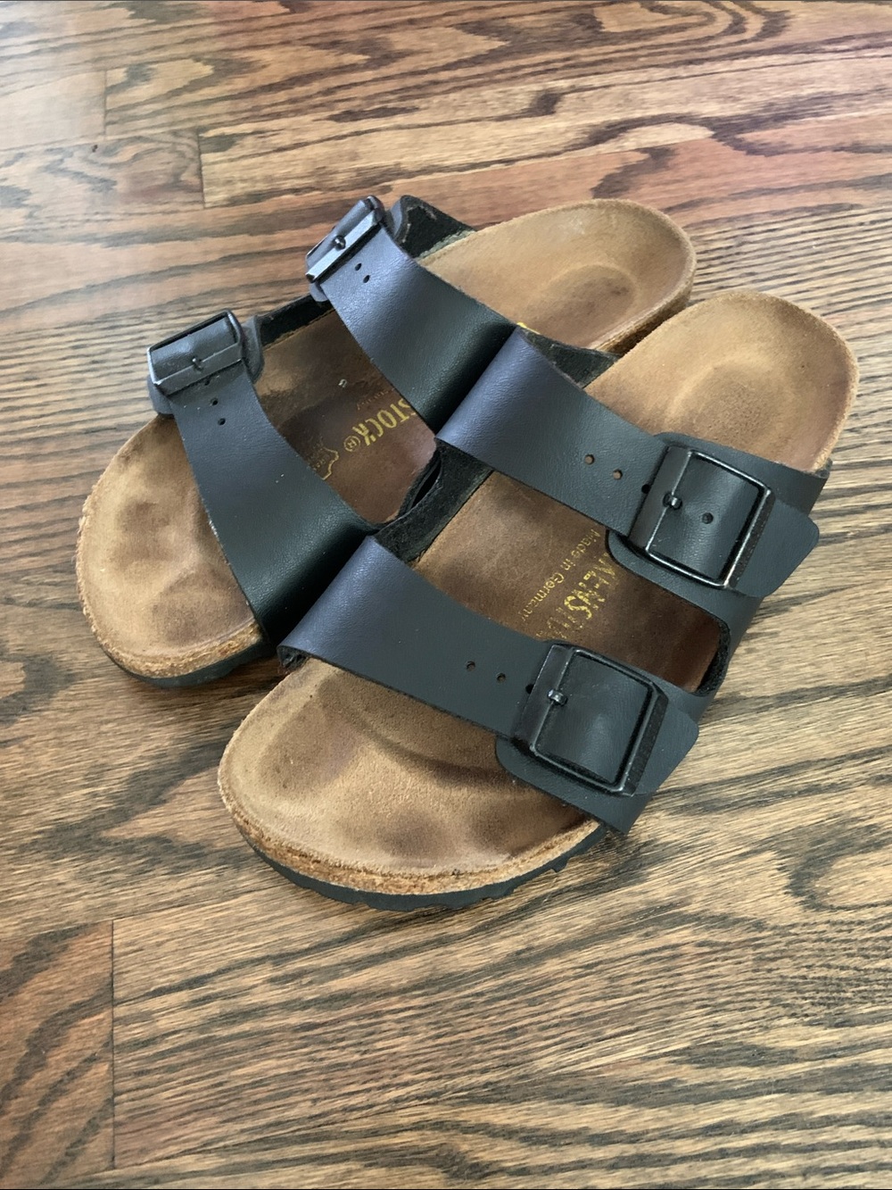 Birkentstock Black Leather Arizona Double-Buckle Comfort Slide Sandals